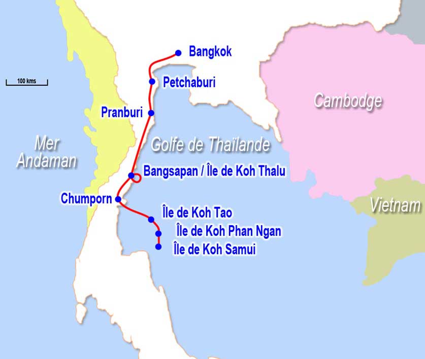 Carte circuit Bangkok Samui en passant par Koh Tao