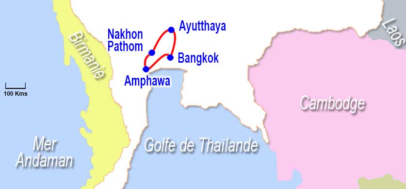 Carte circuit Bangkok Amphawa Kanchanaburi